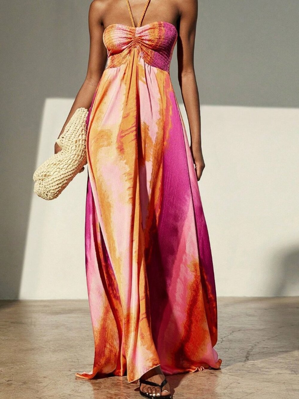 Pink & Orange Boho Women's Tie-Dye Halter Neck Long Dress